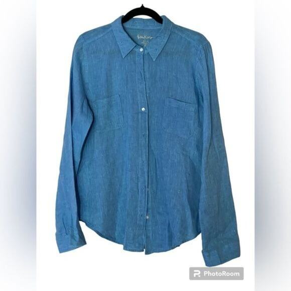 Lilly Pulitzer Blue Linen Shirt Blouse Women's Size Large Button Front freshly D - Picture 3 of 10